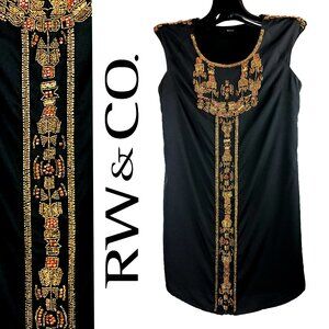 RW&Co. Detailed Beading Embellished African / Egyptian Mini Black Dress Small